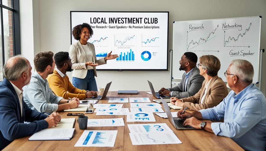 Investment club members meeting around conference table for stock research discussion