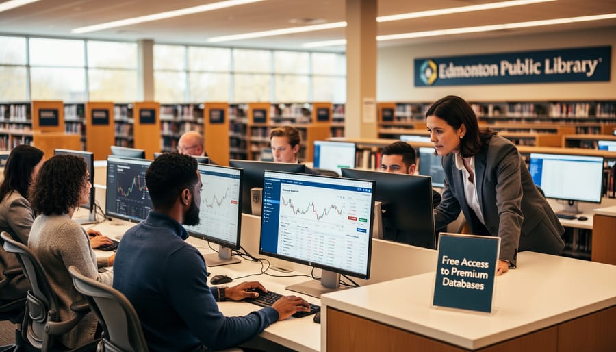 Modern library interior with computer workstations for public research access