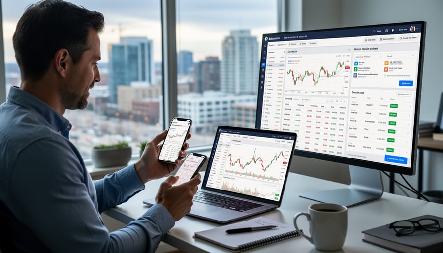 Investor using smartphone and laptop to access broker research platforms