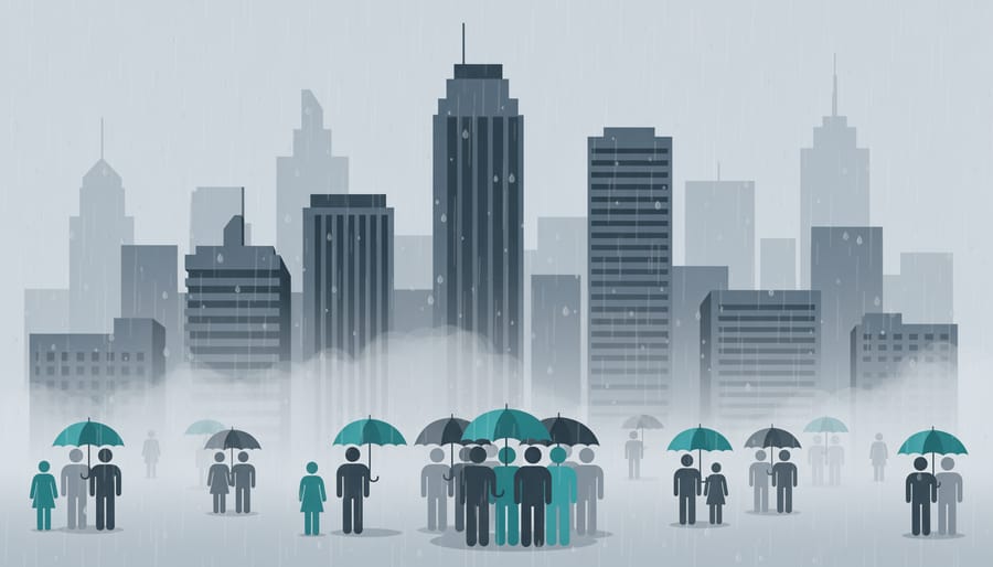 Rain-streaked view of a city skyline suggesting uncertainty and risk