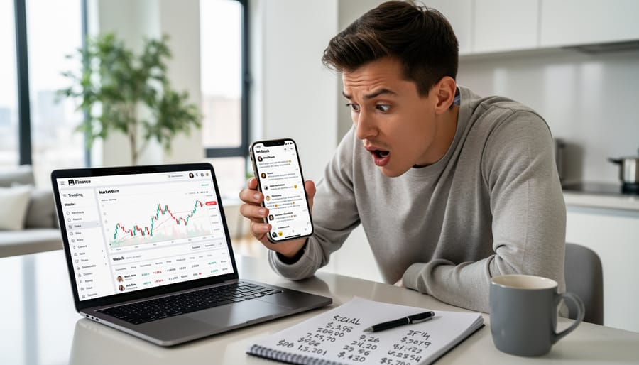 Person in a home office holding a smartphone while analyzing market information