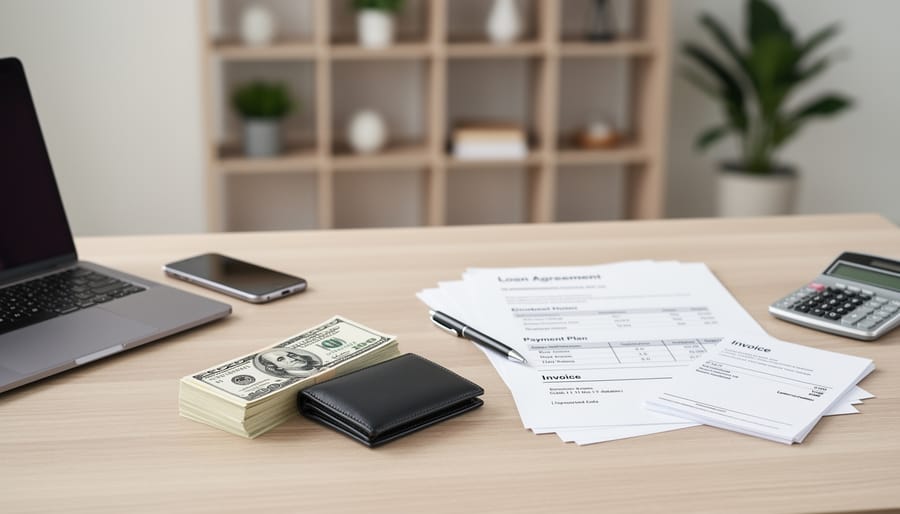 Close-up of a cash bundle and a document folder on a wooden table, representing cash offers versus financed sales.