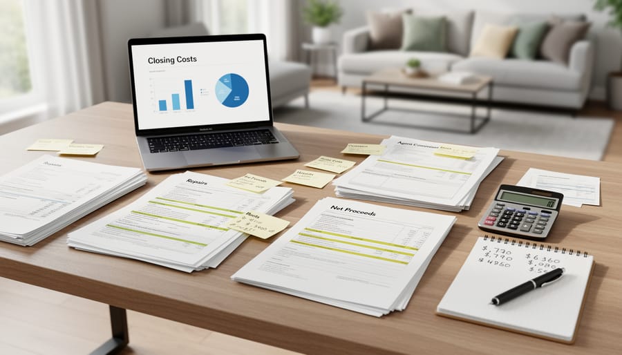 Calculator and closing documents on a desk with receipts and tools arranged neatly.