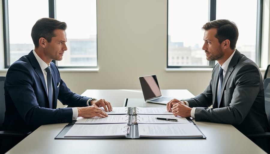 Two people review business acquisition documents at a conference table.