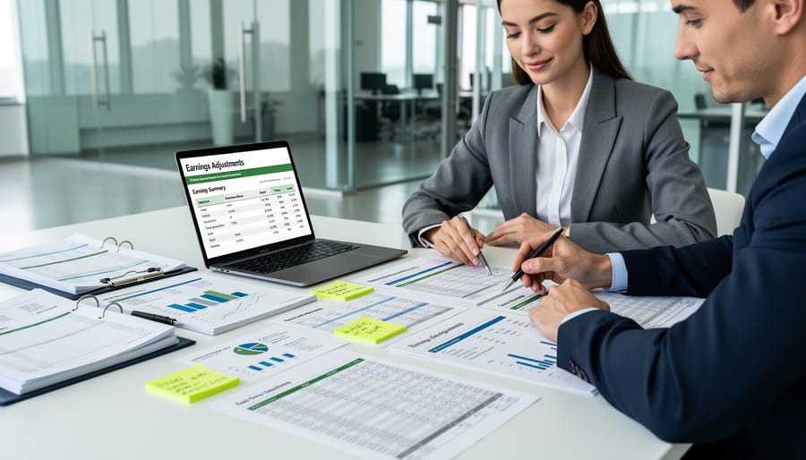 Open binder and business documents on a desk during due diligence.