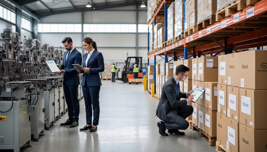 Gloved hands inspecting inventory bins in a commercial warehouse.